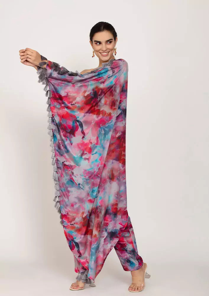 Cotton Kaftan Dress Marble Tie-Dye Print Kaftan Dress And Straight Pants Set