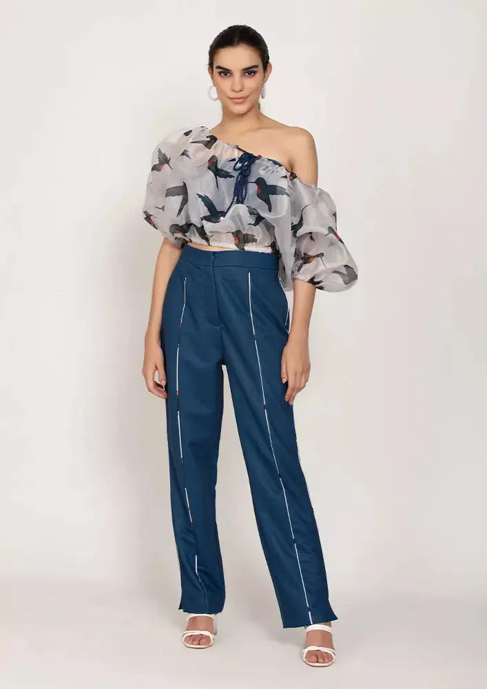 Bird Print Organza Balloon Top With Blue Straight Leg Pants And Tube Inner IKI CHIC Private Ltd