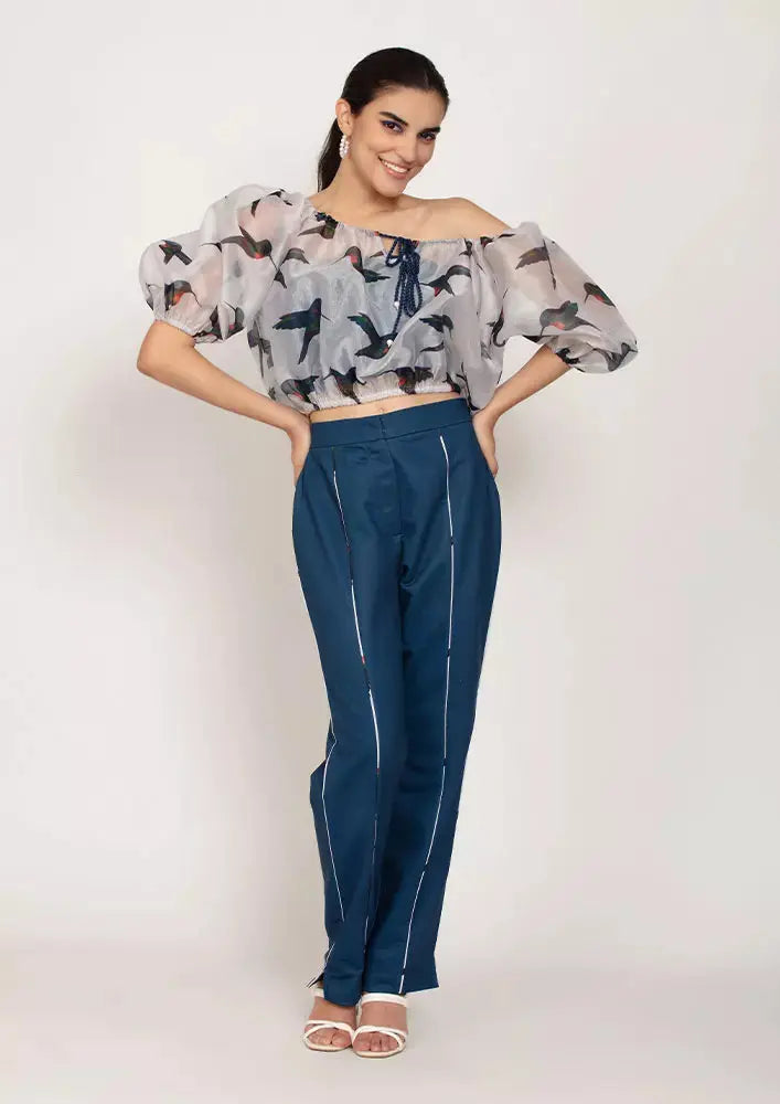 Bird Print Organza Balloon Top With Blue Straight Leg Pants And Tube Inner IKI CHIC Private Ltd