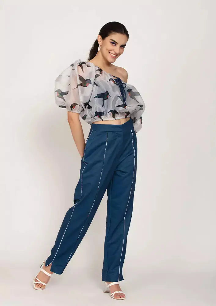 Bird Print Organza Balloon Top With Blue Straight Leg Pants And Tube Inner IKI CHIC Private Ltd