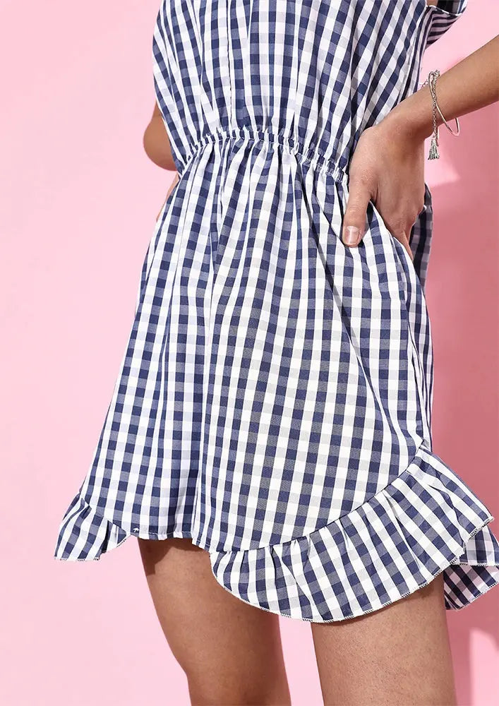 Blue Gingham Plunge Neck Playsuit IKI CHIC Private Ltd