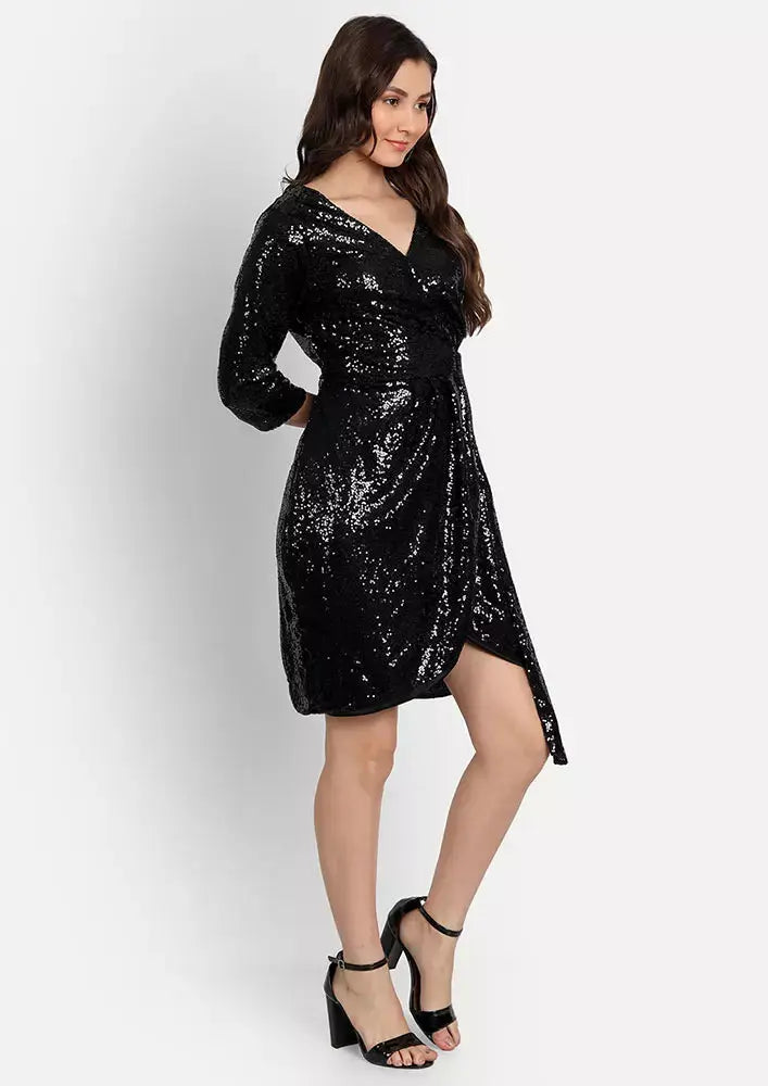 V-Neck Wrapover Front Tie-Up Black Sequin Dress IKI CHIC