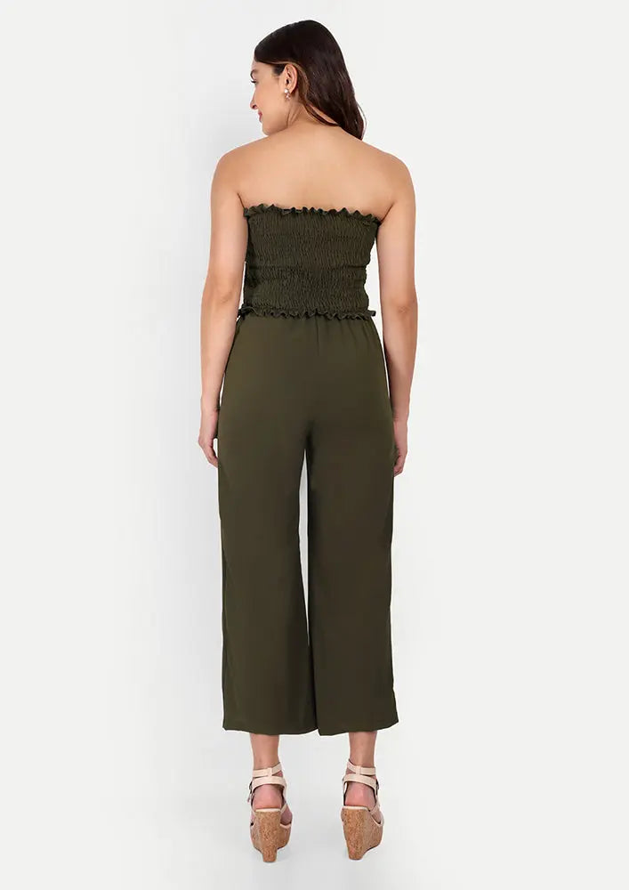 Army Green Off-Shoulder Wide Leg Jumpsuit IKI CHIC Private Ltd