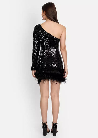 Black Sequin One Shoulder Mini Dress with Fur Detail
