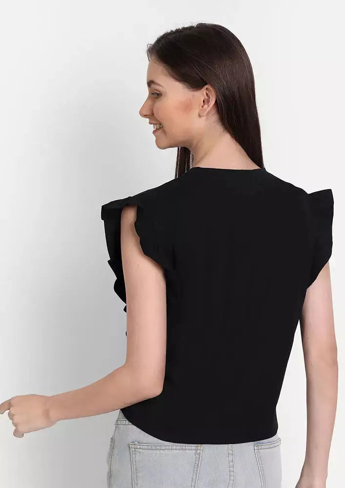 Black Ruffle Cap Sleeve Top IKI CHIC Private Ltd