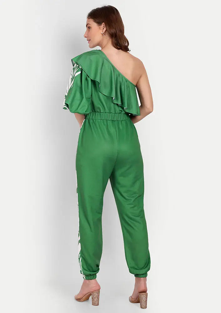 Green Floral Print One Shoulder Ruffle Design Jumpsuit IKI CHIC Private Ltd