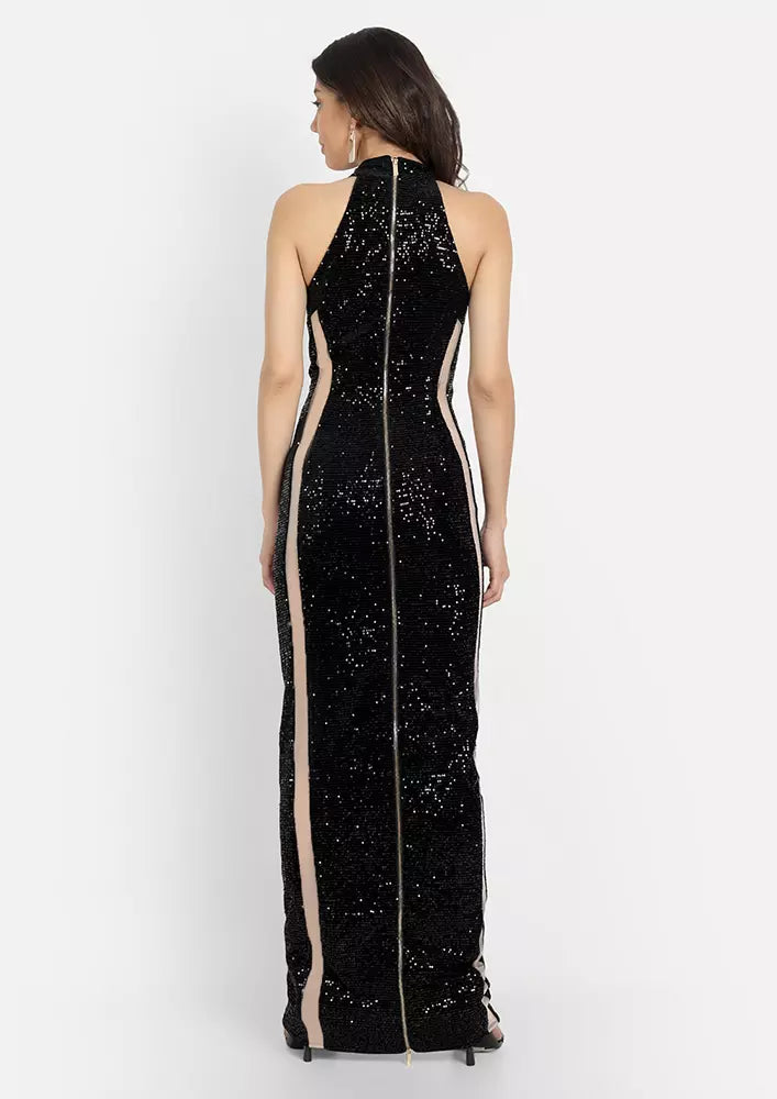 Black Halter Neck Semi Sheer Sequin Gown