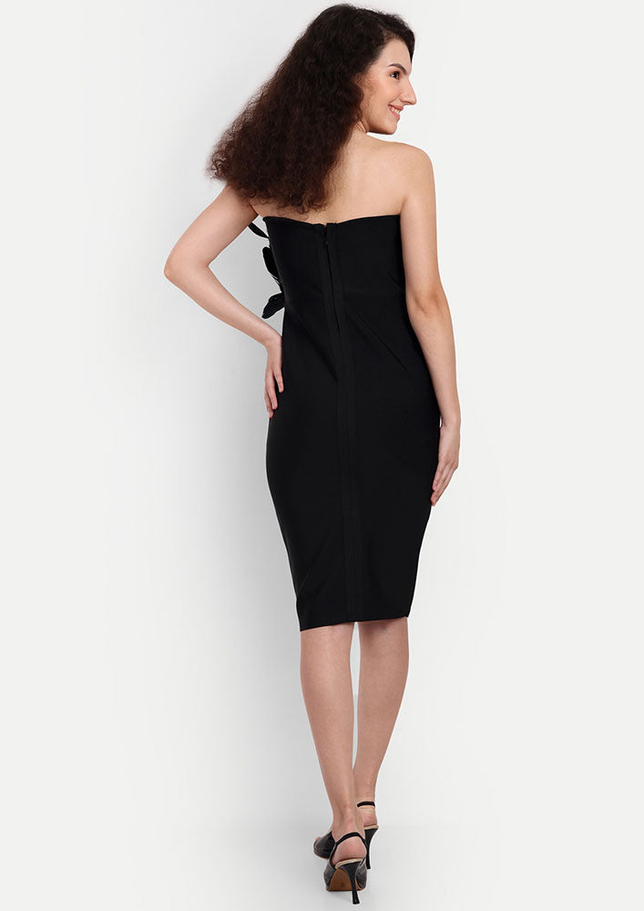 Black Bodycon Strapless Midi Dress With Feather Detailing