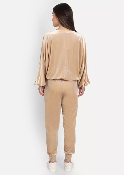 Beige Velvet Front Zipper Jacket And Joggers Set