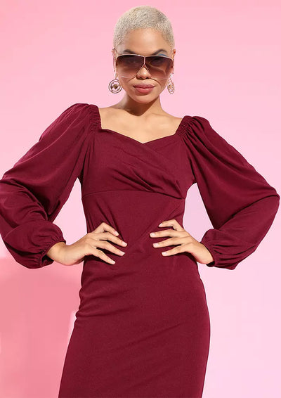 Solid Puff Sleeve Detail Bodycon Fit Midi Dress red