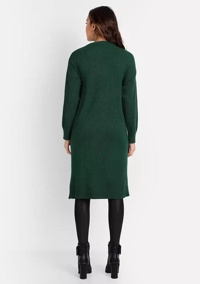 Dark Green Knitted Round Neck Long Sweater With Slit