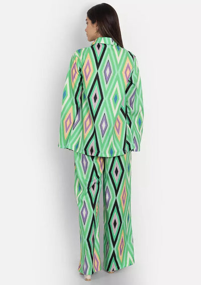 Green Printed Single Breasted Blazer And Wide Leg Pants Set