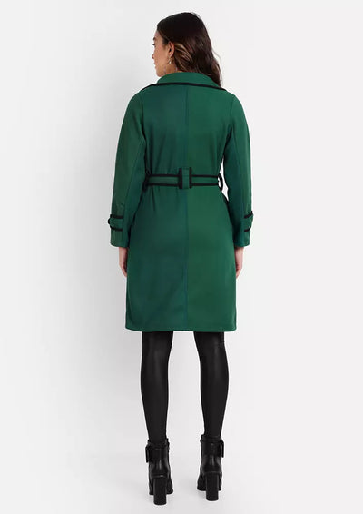 Green Woolen Mid Length Coat with Lapel Collar & Belt