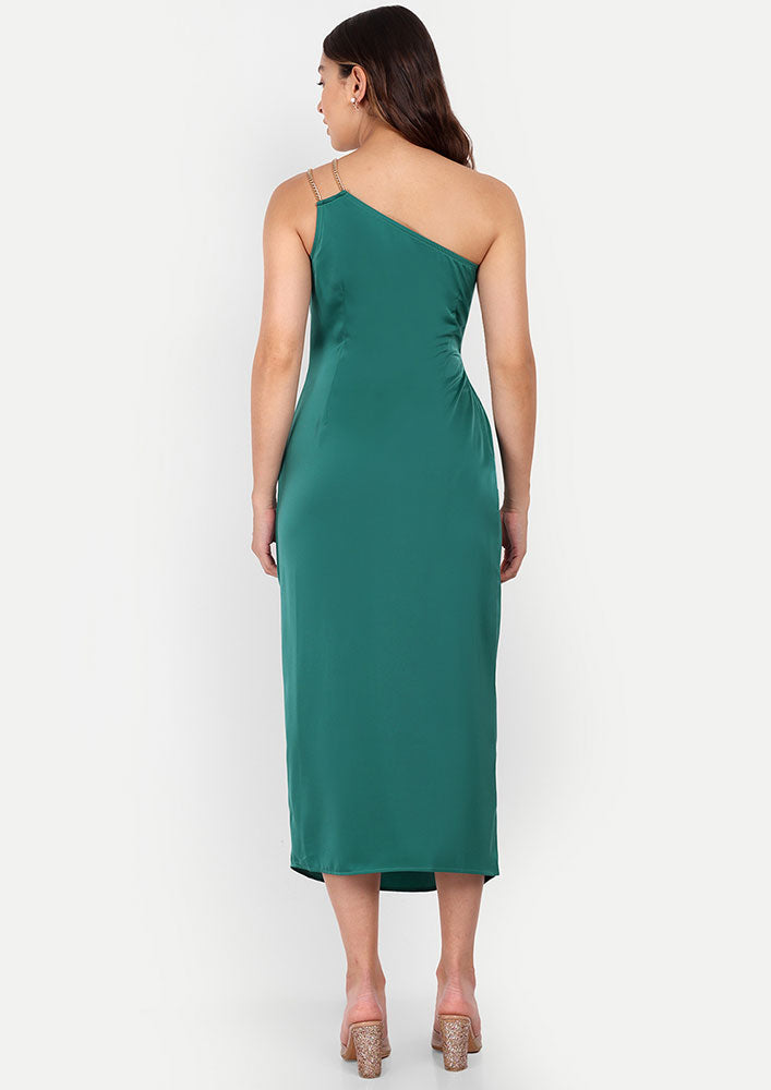 Green Satin One-Shoulder Midi Dress With Chain Straps