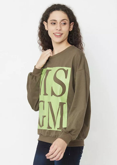 Army Green Full Sleeve Slogan Printed Sweatshirt