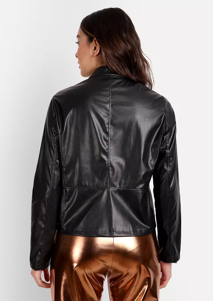 Black Faux Leather Biker Fit Jacket With Zipper