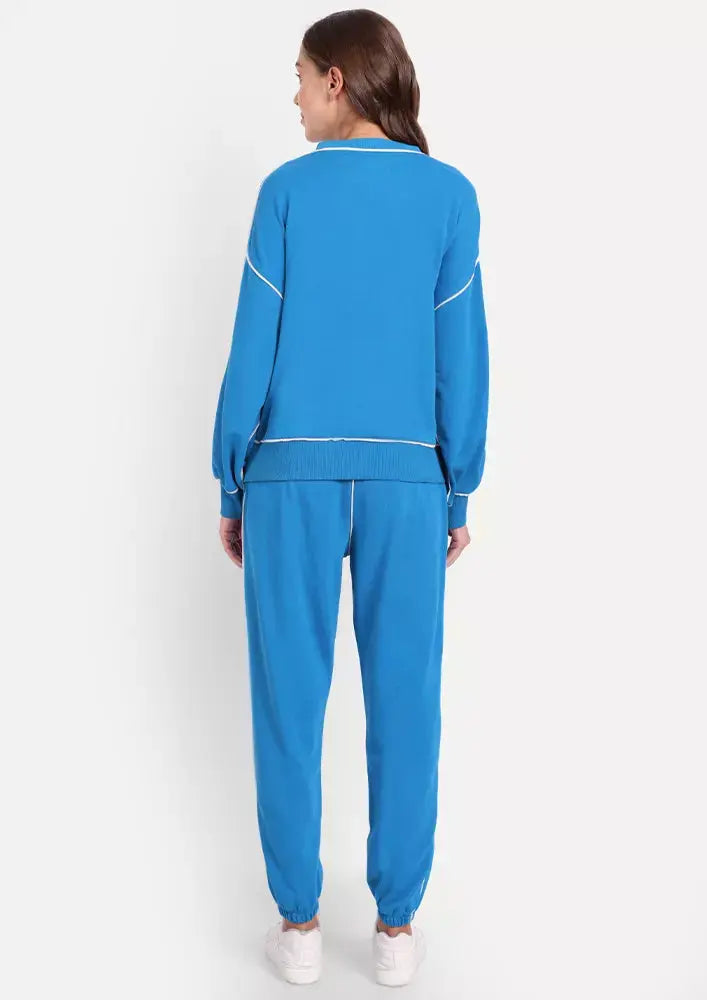 Light Blue Crew Neck Contrast Detail Oversized Joggers Set IKI CHIC