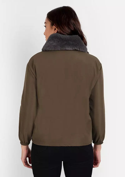Brown Suede Jacket With Contrast Faux Fur Collar