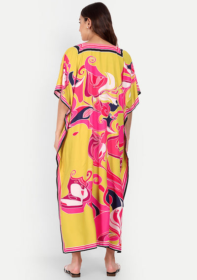 Multicolour Printed V-neck Short Sleeve Long Kaftan Dress