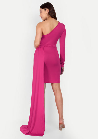 Pink One Shoulder Mini Bodycon Dress With A Long Drape