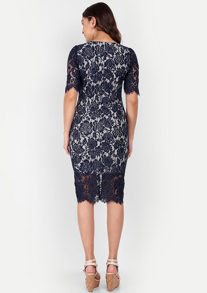 Navy Blue Bodycon Midi Dress With A Plunge V-Neckline And Sheer Lace Detailing