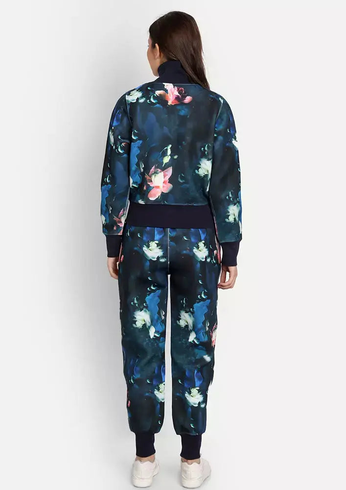 Blue Floral Print Scuba Jogger Set IKI CHIC Private Ltd