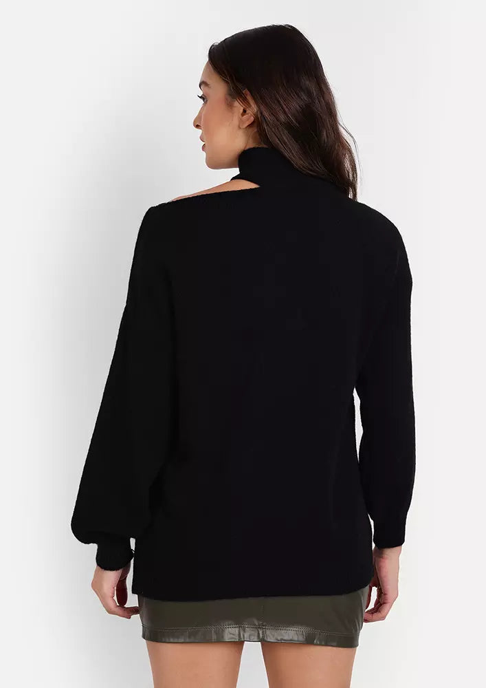 Black Cut-Out Shoulder Turtleneck Sweater