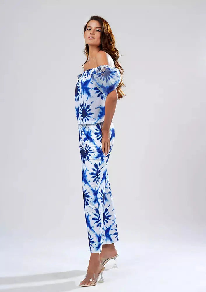 Splash Print Off Shoulder Puff Sleeves Top And Wide Leg Pants Set