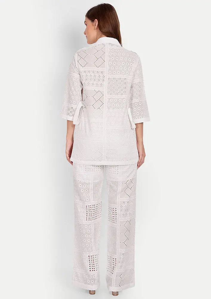 White Schiffli Lace Front Button Up Shirt And High Waisted Lace Pants IKI CHIC Private Ltd