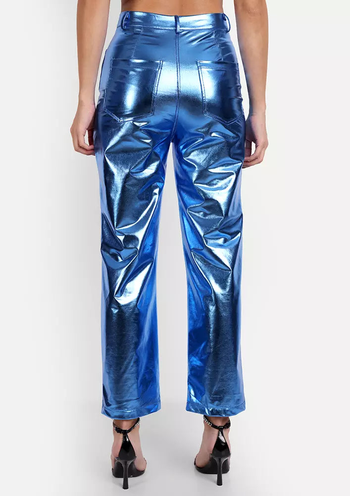 Blue Metallic Faux Leather High Waist Trousers
