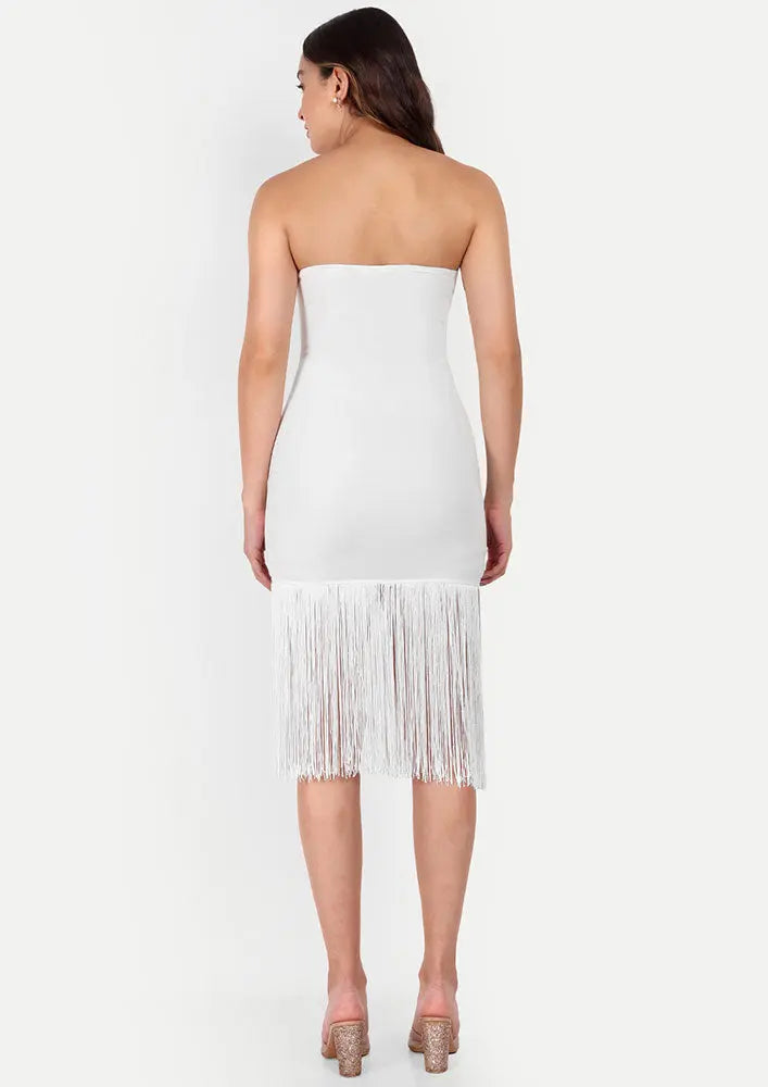 White Strapless Bodycon Mini Dress With Long Fringes IKI CHIC Private Ltd