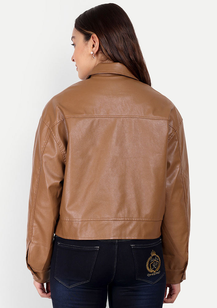 Brown PU Leather Jacket With Front Button Up And Flap Detailing