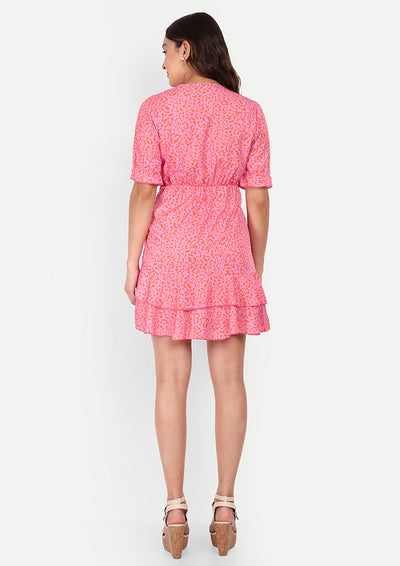 Pink Printed Wrap Style Mini Dress With Ruched Detailing