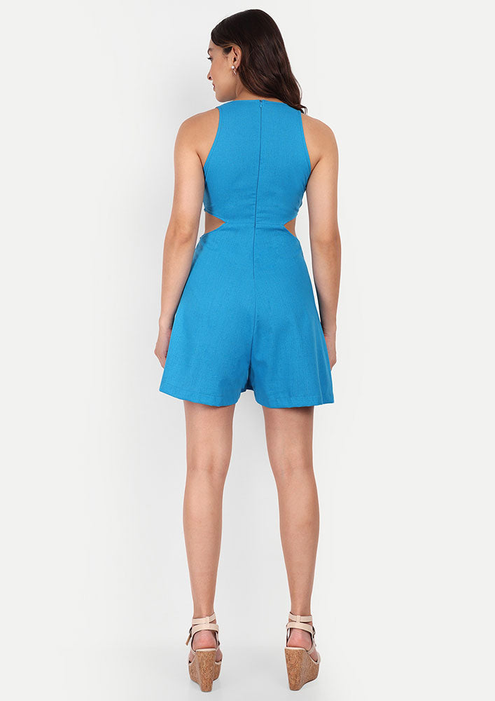 Blue Round Neck Romper With Ruching And Cut-Out Detailing