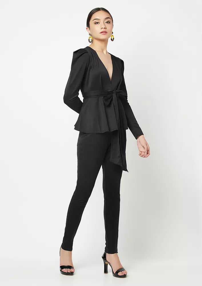 Black Peplum Belted Top And Skin Fit Pants Set