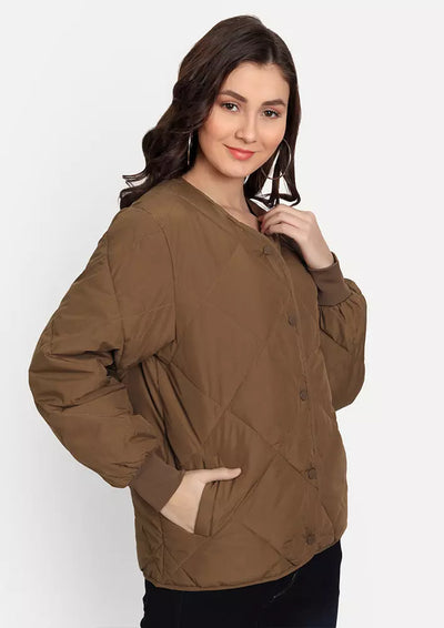 Brown Puffer Jacket With Button Detailing