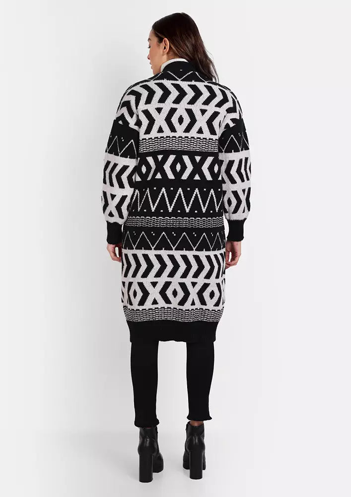 Black & White Midi Length Knitted Cardigan In Geometric Pattern