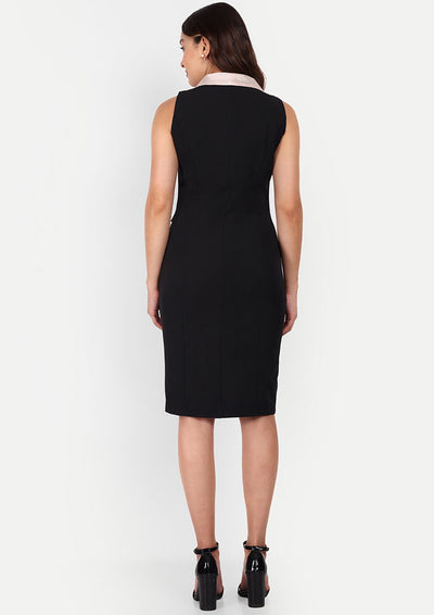 Black Midi Bodycon Dress With Contrast Lapel Collar And Bow