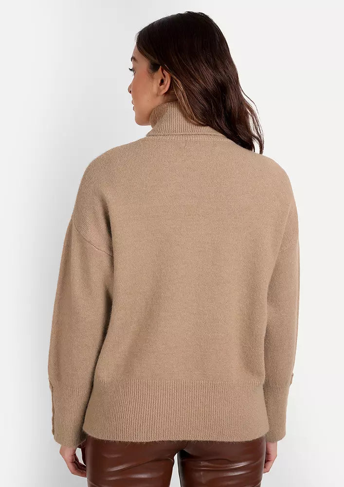 Beige Turtleneck Button Detail Knitted Sweater