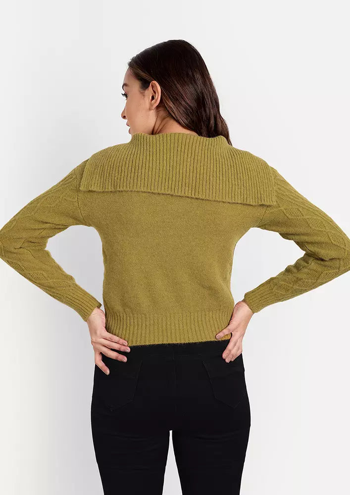 Khaki Cable Knit Sweater With Large Lapel Collar