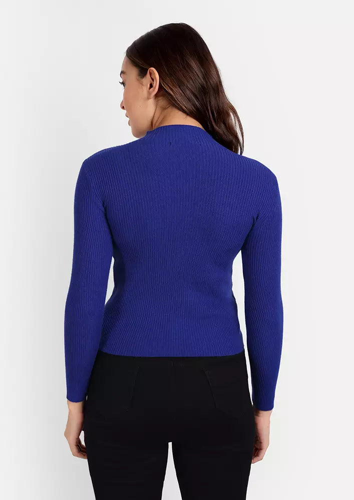 Royal Blue Mock Neck Pullover With Cutout Detailing
