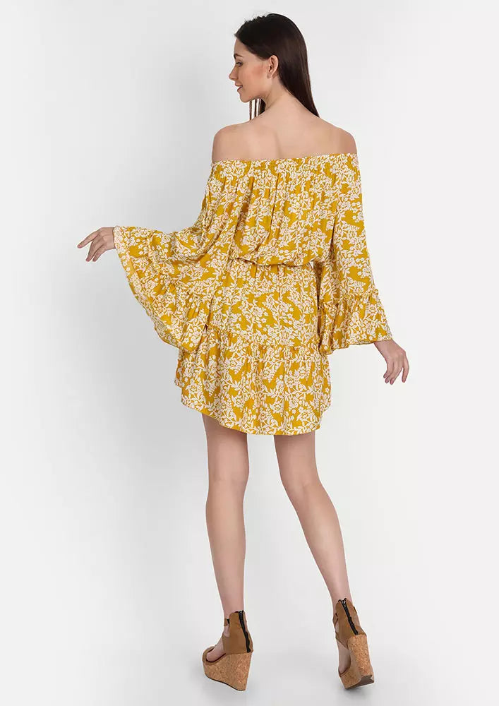 Yellow Floral Print Off Shoulder Mini Dress