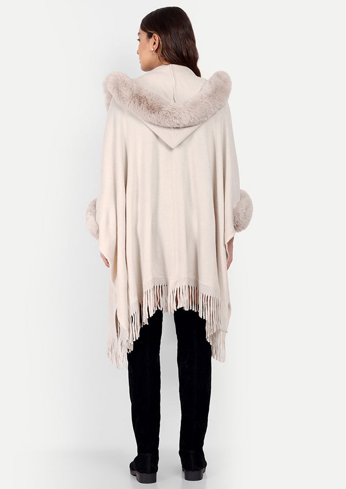 Oversized Hooded Cape With Fringes & Fur Detailing