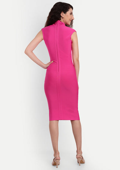 Pink Bodycon Midi Dress With Plunge V-Neck And Drape Detailing