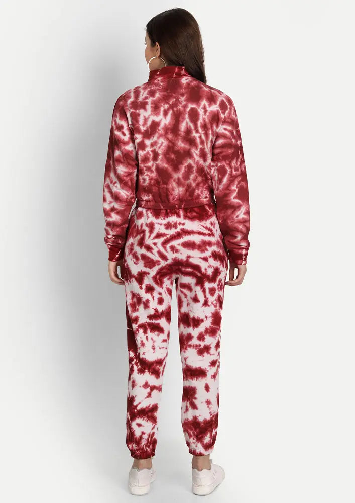 Red-White Zip-up Turtle Neck Tie-Dye Jogger Set IKI CHIC