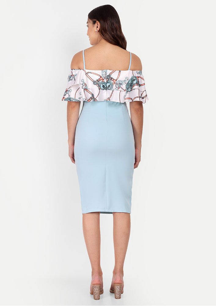 Blue Bodycon Midi Dress With Printed Cold-Shoulder Ruffles