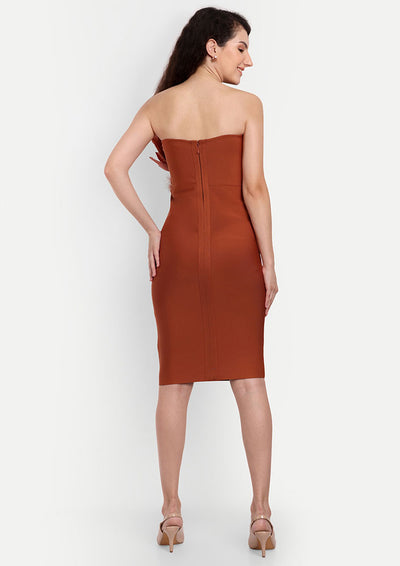 Brown Bodycon Strapless Midi Dress With Feather Detailing