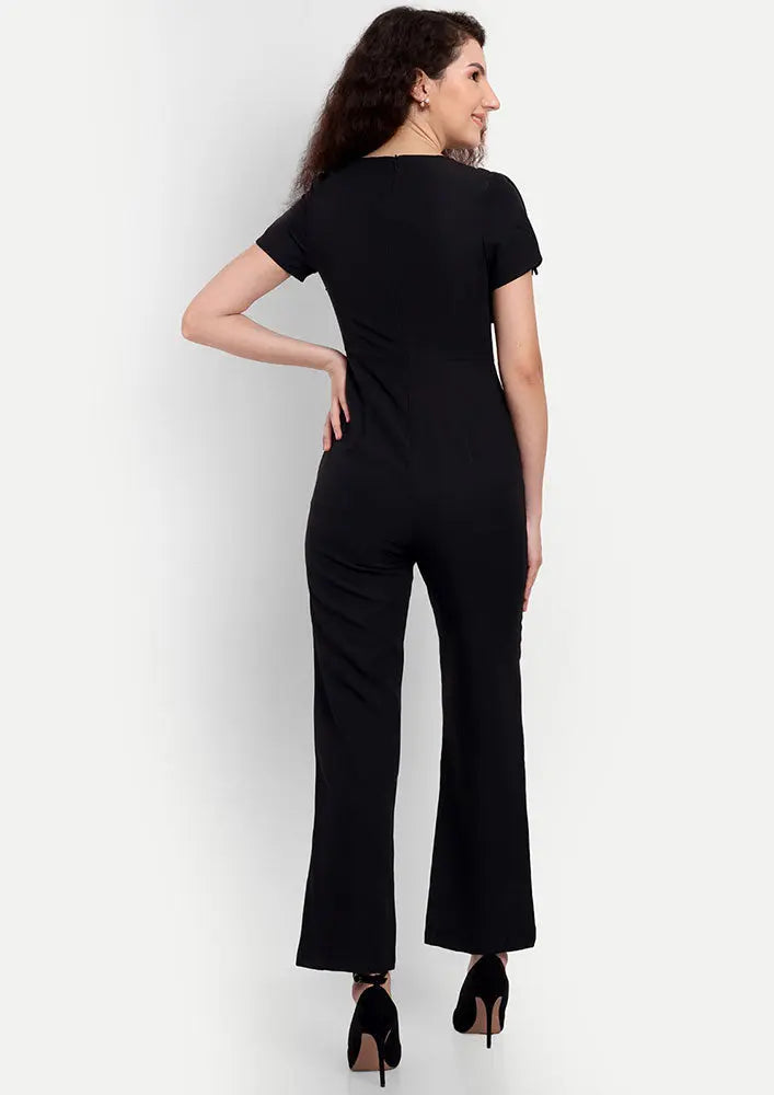 Black High Waisted Jumpsuit With V-Neckline And Fringe Detailing IKI CHIC Private Ltd