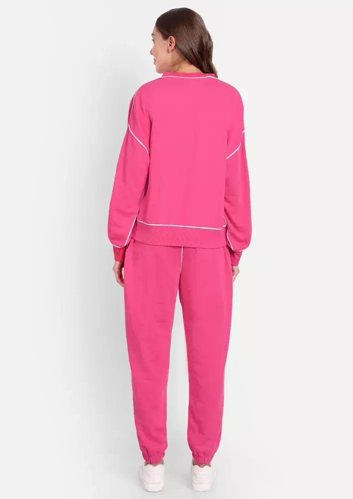 Hot Pink Jogger Set with White Piping Highlight IKI CHIC