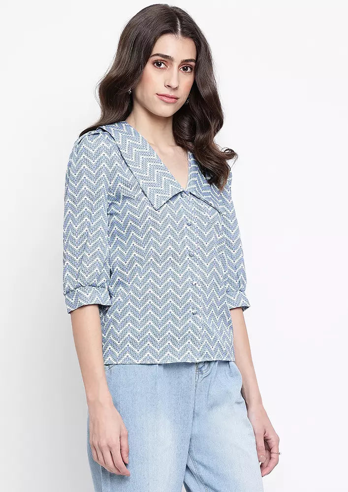 Oversized Collar With V-Neck Puff Sleeve Top